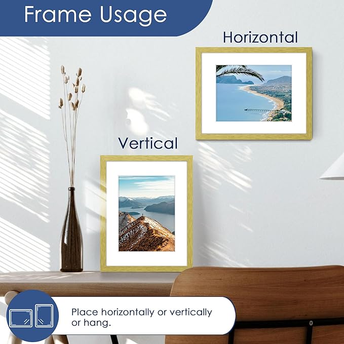 PEALSN 8.5 x 11 Picture Frame Set of 6, Display Pictures 6x8 with Mat or 8.5 x 11 without Mat for Wall Mounting Display, Photo Frames Collage for Wall Decor, Gold