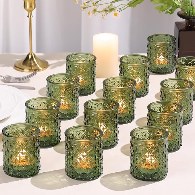 20 Pack Green Votive Candle Holders, Green Glass Candle Holder for Wedding Table Centerpiece, Glass Tea Lights Candle Holders for Baby Shower, Vintage Glass Candle Holders for Party Home Decor
