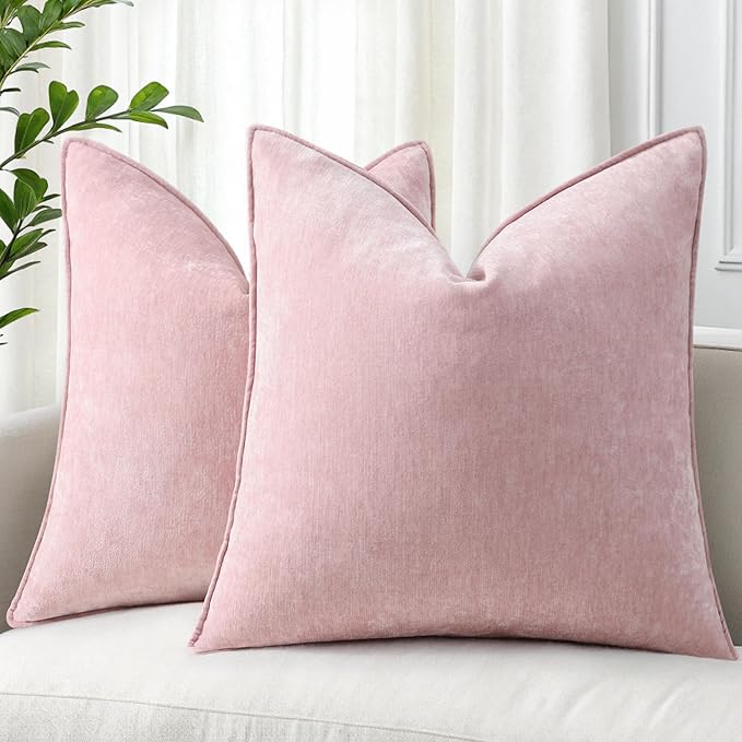 decorUhome Summer Couch Euro Sham Throw Pillow Covers 26x26 Set of 2, Decorative Soft Velvet Modern Cozy Chenille Pillow Cases with Elegant Design for Sofa Bed Living Room Home Decor, Blush Pink