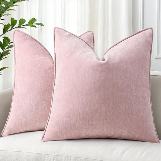 decorUhome Summer Couch Throw Pillow Covers 18x18 Set of 2, Decorative Soft Velvet Modern Cozy Chenille Pillow Cases with Elegant Design for Sofa Bed Living Room Home Decor, Blush Pink