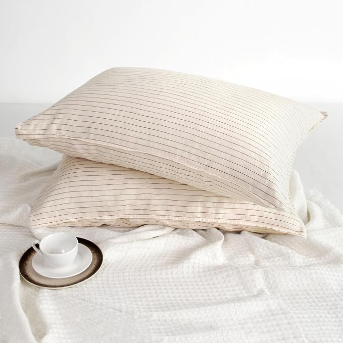 Striped Linen Pillow Cases Set of 2,20"x40" King Size,100% French Natural Flax Soft Linen Pillowcases,Rust Pinstripe