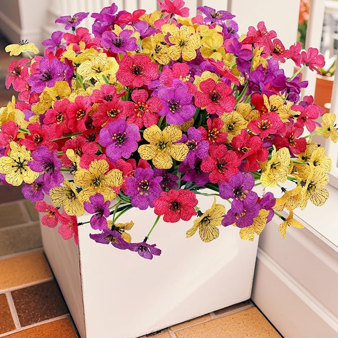 Geegoods Artificial Mums Flowers for Outdoors, 12 Bundles UV Resistant Fake Plastic Colorful Mix Flowers for Patio Porch Spring Summer Decor