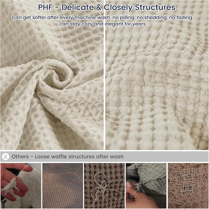 PHF 100% Cotton Waffle Weave Family Blanket Oversized King 120"*120",Pre-Washed Lightweight Breathable for Spring Summer,Machine Washable,10'x 10' Huge Extra Large Big,Home Decoration Gift-Linen/Stone