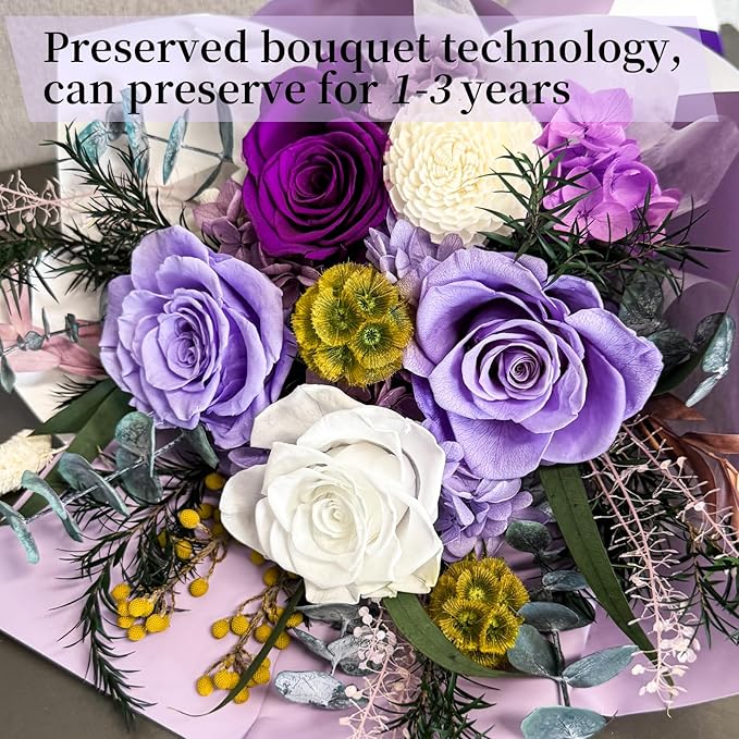 FNCHAI Forever Flowers Bouquet, Real Preserved Roses in Box for Delivery, Perfect for Valentine's Day, Anniversary, Graduation, Birthday Gift for Her or Him (purple)