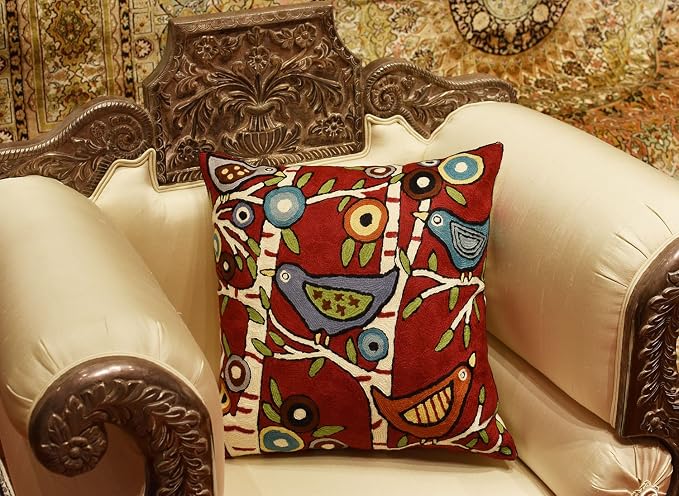 Red Plant Birds Throw Pillow Cover | Karla Gerard Designer Pillowcase Burgundy Chair Cushion Kids Room Botanical Red Farmhouse Chair Cushions Hand Embroidered Wool Size - 18x18