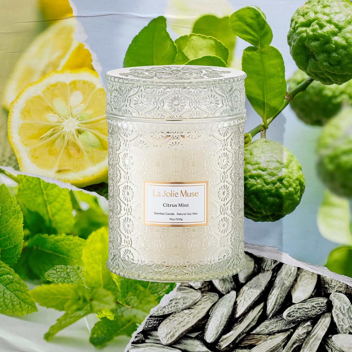 LA JOLIE MUSE Citrus Mint Candle - Bergamot, Yuzu, Mint | 19 oz Large Wooden Wick Candle | Natural Soy Wax | 90 Hours Clean Burn | Fresh Citrus Candles | Modern Home Decor