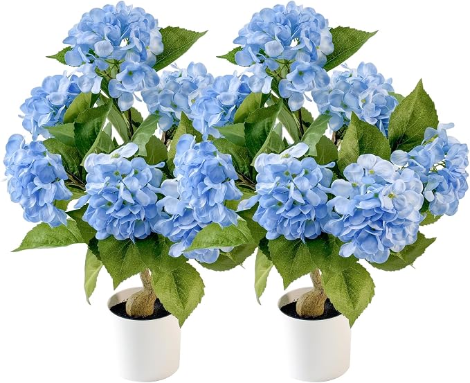 2 Pcs Artificial Hydrangea Tree 2ft Fake Potted Tree with Blue 3D Printed Petals, Realistic Faux Hydrangea Plant in Pot for Front Porch Entryway Indoor Outdoor Home Office Decor