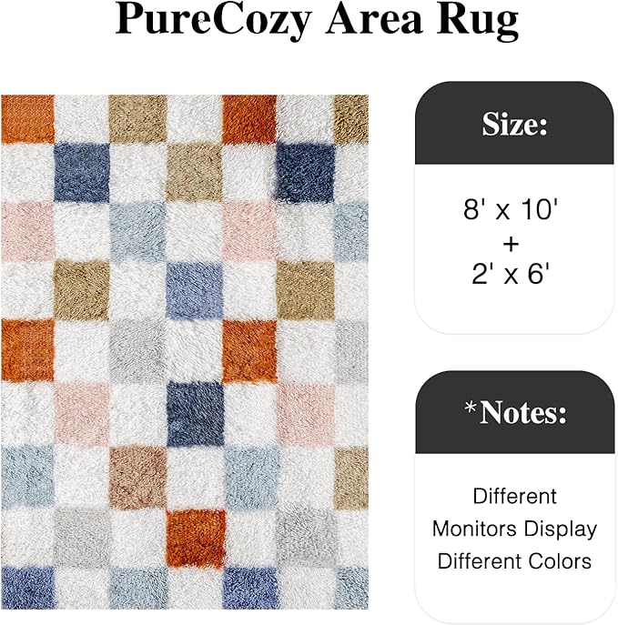 PureCozy 8'x10'+2'x6 Shag Rug Set of 2 with Runner for Living Room Bedroom Home Aesthetic Decor