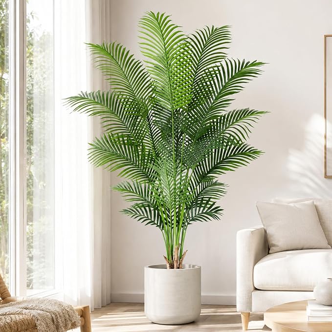 Artificial Palm Tree 6ft Tall Fake Palm Tree Indoor Decor with 18 Leaves and Real Bark Design Faux Tropical Areca Palm Silk Floor Plant in Pot for Home Office Living Room Bedroom Decor 1pcs