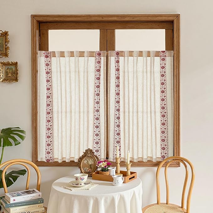 jinchan Red Floral Embroidered Linen Kitchen Curtains 54×45 Inch 2 Panels | Light filtering, back tab, rod pocket, cafe curtains for kitchen bedroom living room, cottage farmhouse, small window
