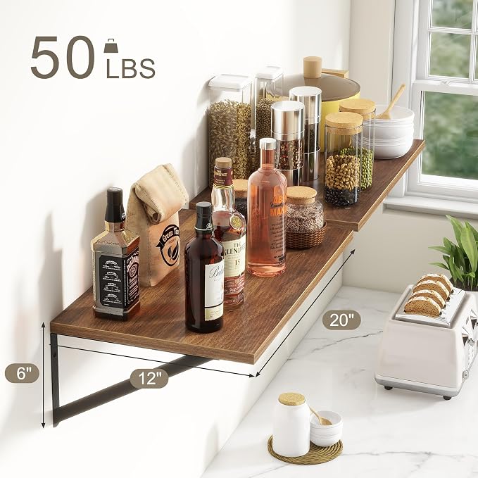 Fun Memories 20 Inch Floating Shelves, Deep Wall Shelves for Kitchen, 20 x 12 Floating Shelf for Living Room, Bedroom, Farmhouse Floating Shelves for Home Decor Storage, Walnut, Set of 2