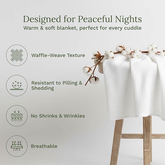 Organic Cotton White Twin Blanket - Waffle Weave, 100% Organic Cotton, Breathable, Lightweight Blanket for Twin and Twin XL Beds - Blanket for Kids, Toddlers and Teens - 68”x92” (White - Twin/Twin XL)