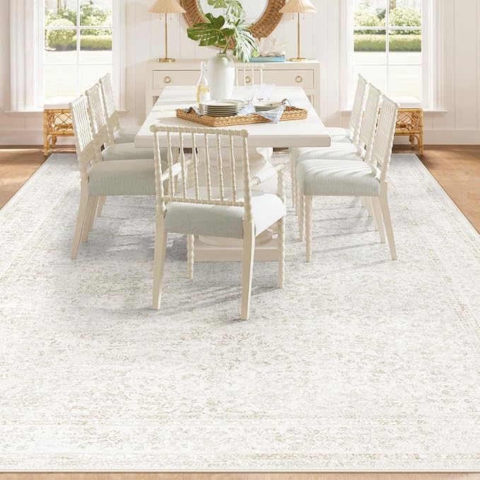 9x12 Area Rugs for Living Room: Washable Large Vintage Floral Rug Low Pile Non-Slip Boho Carpet for Bedroom Dining Home Office (Floral Beige, 9'x12')