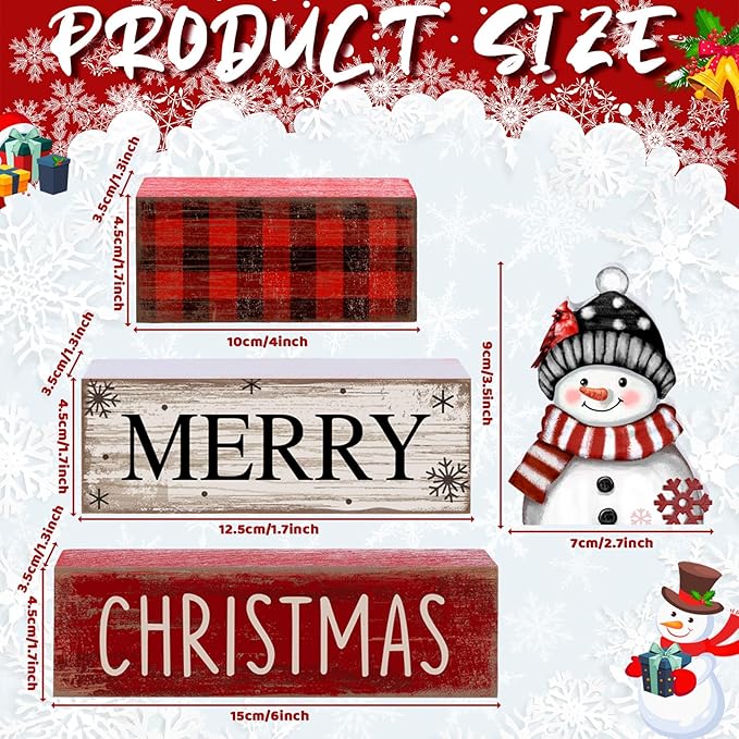 Lineshading 4 Pcs Winter Table Decoration Wooden Snowman Christmas Tiered Tray Decor Red Buffalo Plaid Block Signs Snowman Table Centerpiece Farmhouse Winter Decoration for Home Kitchen Shelf