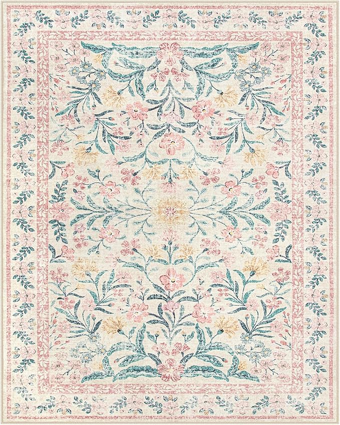 Wonnitar 8x10 Washbale Rugs for Living Room, Boho Pink Room Decor for Girls Bedroom, 8 x 10 Soft Non Slip Low Pile Indoor Floral Carpet for Kids Room Playroom Toddler Nursery