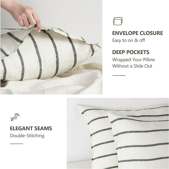 Linen World Striped Linen Pillow Cases Set of 2,20"x30" Standard/Queen Size,100% French Natural Flax Soft Breathable Linen Pillowcases,Olive Green and Cream Stripe