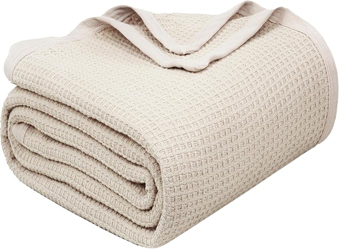 TreeWool Premium 100% Cotton Waffle Summer King Blanket (90"x108", Stone) | 420 GSM Breathable Lightweight Moisture Wicking Soft Knit Thermal Blanket for Bed or Sofa All-season Comfort Machine Washable