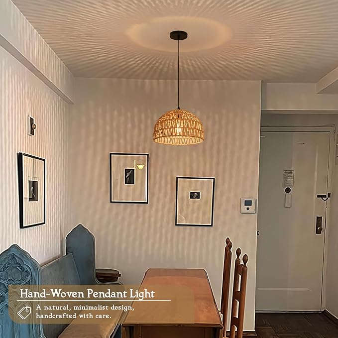 2 Pack Hemp Rope Woven Pendant Light Woven Light Fixture Boho Chandelier Light Fixture Wicker Pendant Lights Rattan Dome Wicker Chandelier for Dining Room Kitchen Island (Bulb Incl.