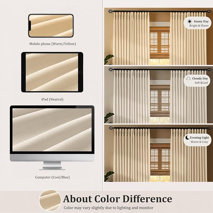 Pinch Pleated Linen Curtains 84 Inch, 2 Panels Premium 400GSM Memory Trained Semi Sheer Light Filtering Window Drapes for Living Room Bedroom Dining, Back Tab & Adjustable Hooks Rings, Light Oatmeal