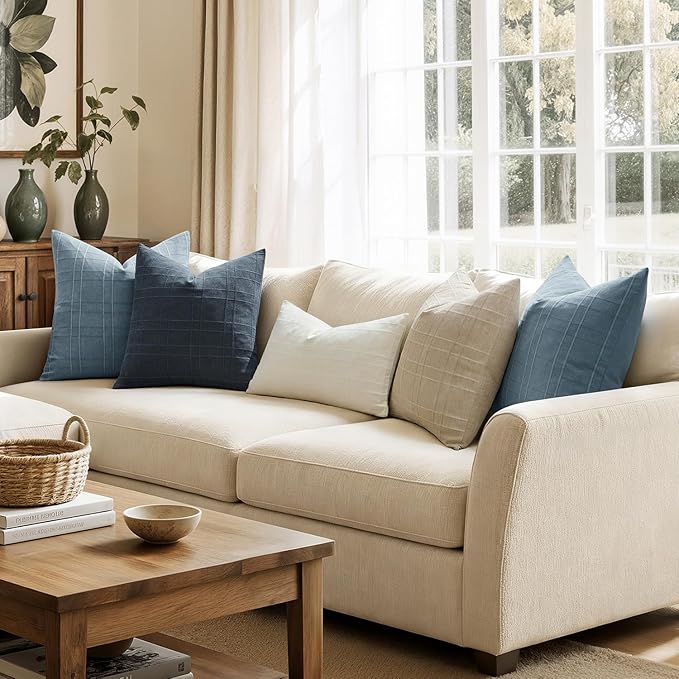 MIULEE Decorative Linen Check Throw Pillow Covers Neutral Farmhouse Vintage Pillow Covers 18x18 Set of 2 Boho Modern Home Decor for Sofa Couch Bedroom Cushion Deep Blue