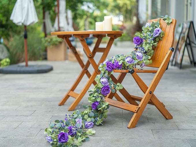 6FT Eucalyptus Garland with 10 Purple Roses and Baby Breath Artificial Flower Greenery Garland for Table Centerpiece Party Wedding Decorations Indoor Outdoor Wall Backdrop Decor