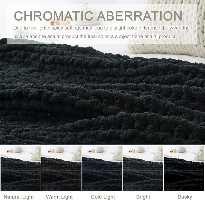 Chunky Knit Throw Blanket 60x80, 100% Handmade Chenille Yarn | 6.7lbs Soft Thick Cable Knitted Blankets, Large Rope Knot Crochet Throws for Couch Sofa Bed Machine Washable, Black