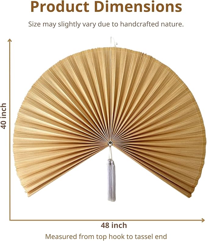 ChumDecor Fan Wall Decor, Japanese Giant Fan, Large Bamboo Fan Wall Art For Boho Hanging Headboard, Decorative Folding Fans For Over Bed, Asia Trending (Ivory 48inch)