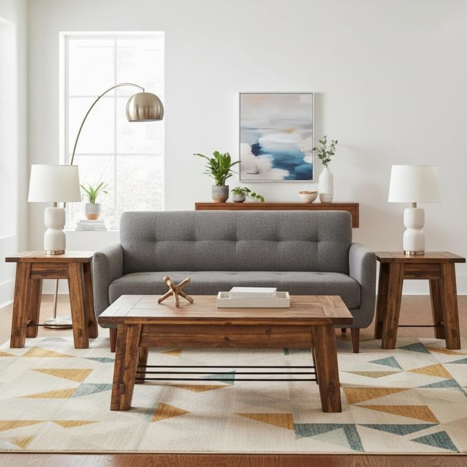 Alaterre Furniture Durango Solid Wood Coffee Table Set of 3, Rustic | Living Room Table Set Include 48-Inch Coffee Table and 2 27-Inch End Tables with Sturdy Metal Accents and Storage Shelf