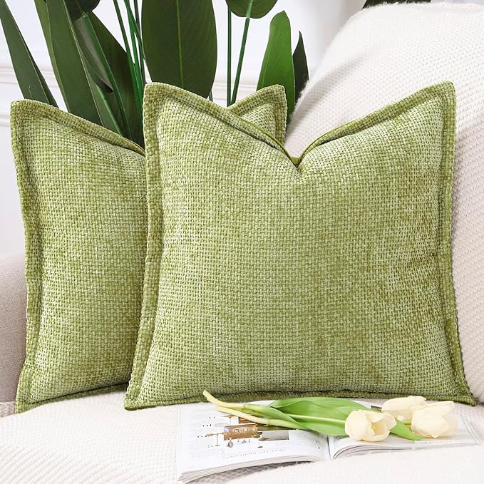 MADIZZ Decorative Chenille Velvet Throw Pillow Covers Set of 2 Soft Boho Textured Neutral Couch Throw Pillow for Bed Modern Farmhouse Home Decor for Sofa Livingroom Light Green 18x18 Inch