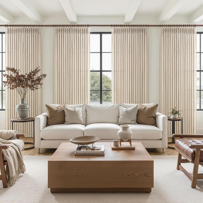 Natural Pinch Pleated Semi Sheer Curtains 90 Inches Long 4 Panels Set for Sliding Glass Doors, Memory Shape Pleat Thick Flax Linen Textured Window Drapes Light Filtering Privacy Living Room Curtain