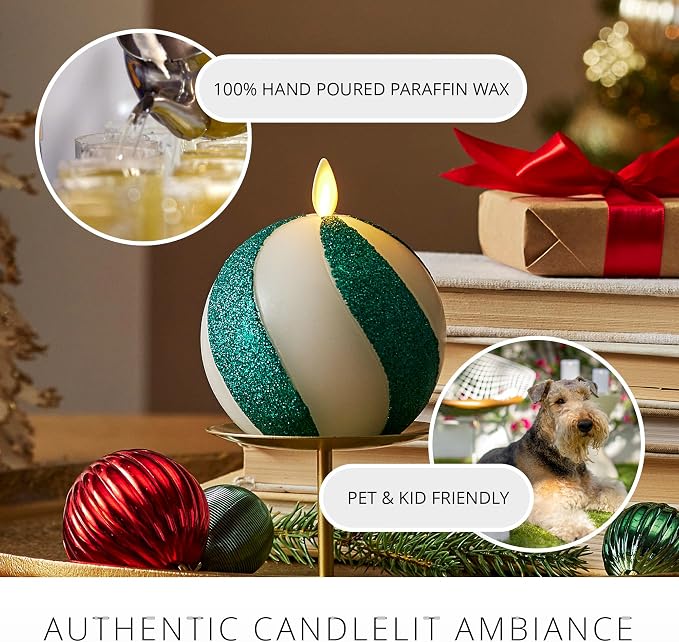 Luminara - Flameless Holiday Crystal Beads Glitter Sphere Candle - Candy Cane Green- Pack of 1-4x4.25 - Auto Timer Built-in 5-Hour Timer Indoor Use