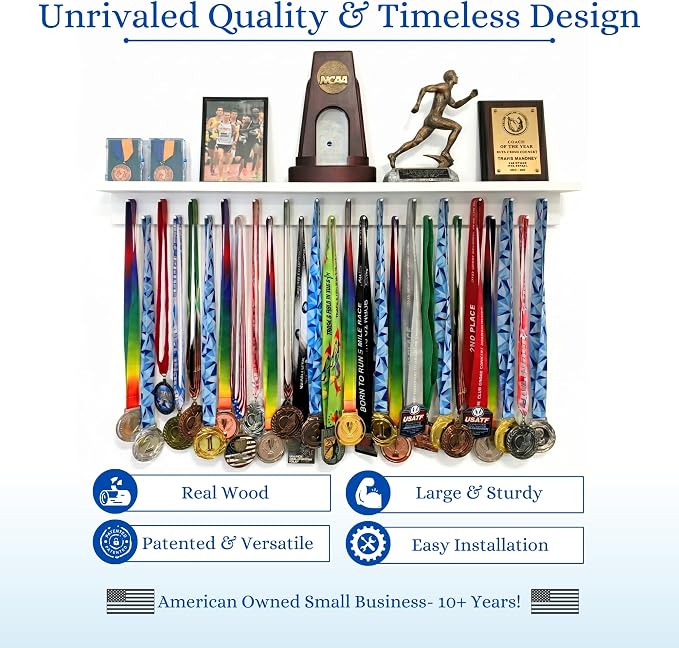 3ft Medal Hanger Display for Wall — Trophy Shelf with Hooks for Medals — 36" Solid Wood — Holds 30+ Medals + Cased Medals for Running, Gymnastics, Cheer, Karate — White- Medal Awards Rack