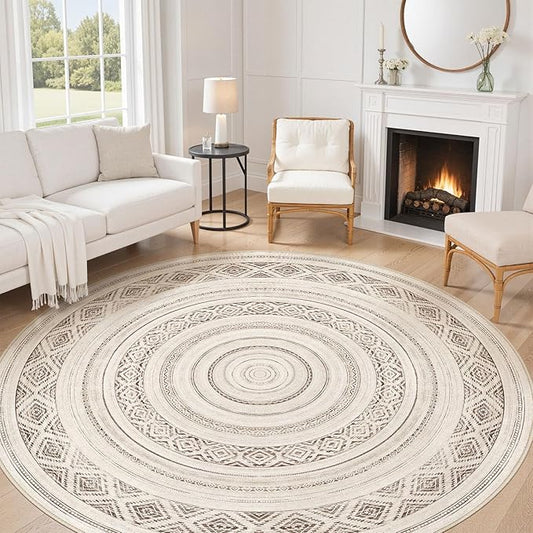 cotiled 8x8 Round Area Rug Living Room: Washable Boho Rugs with Non Slip Backing Large Soft Indoor Stain Resistant Carpet for Bedroom Farmhouse Dining Room Lightweight Home Decor Dark Brown