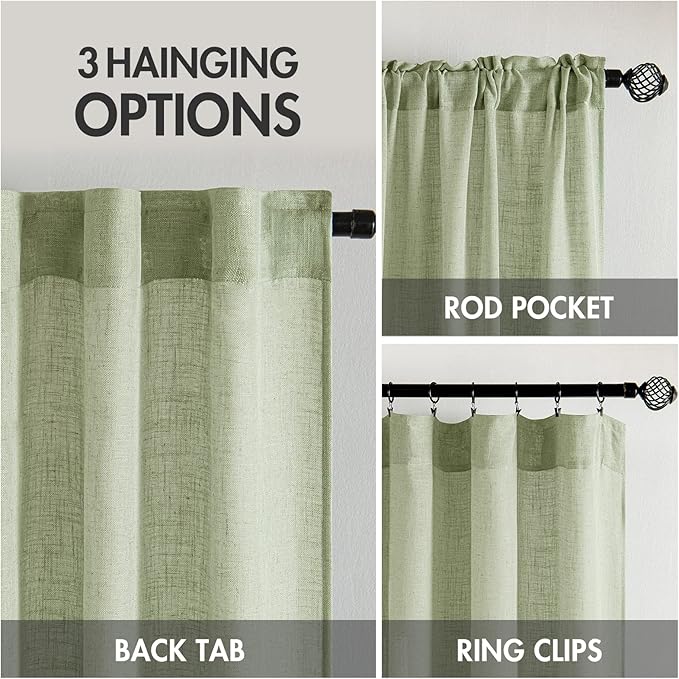 MIULEE Sage Green Linen Curtains 90 Inch Long for Bedroom Living Room, Soft Thick Linen Textured Window Drapes Semi Sheer Light Filtering Back Tab Rod Pocket Burlap Look Farmhouse Decor, 2 Panels