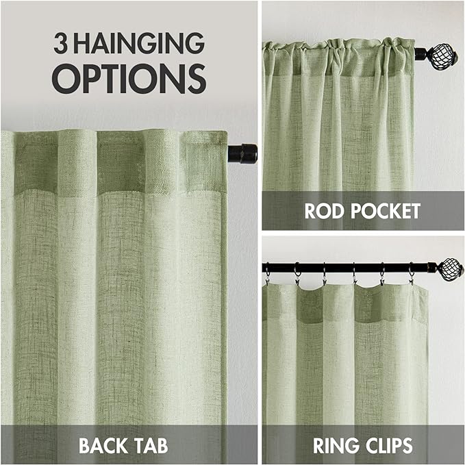 MIULEE Sage Green Linen Curtains 63 Inch Length 2 Panels for Bedroom Living Room, Soft Thick Linen Textured Window Drapes Semi Sheer Light Filtering Back Tab Rod Pocket Burlap Look Decor