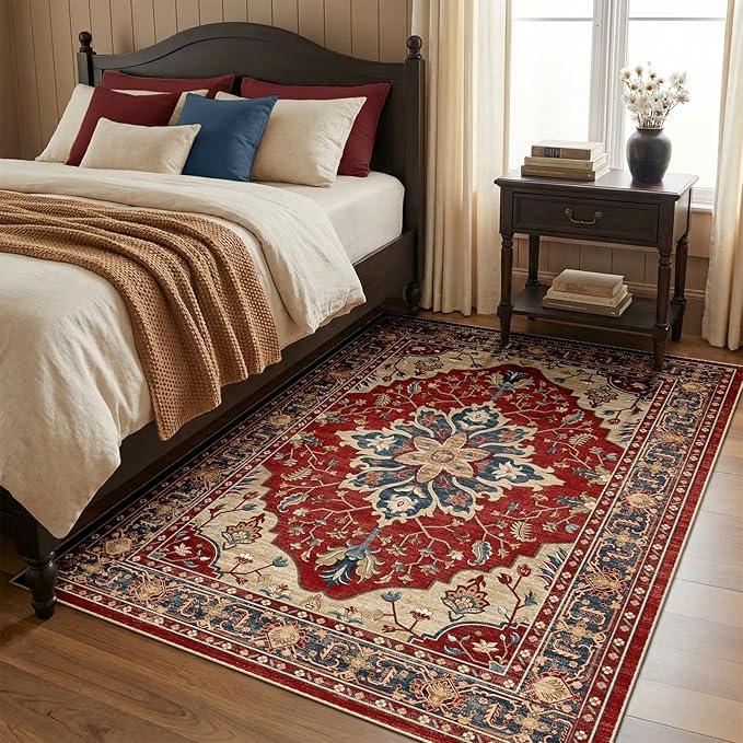 RELEANY Area Rugs 5'x7' Washable Non-Slip, Floral Vintage Distress Print Pattern Medallion Carpet for Living Room Bedroom Dining Room, Red Blue