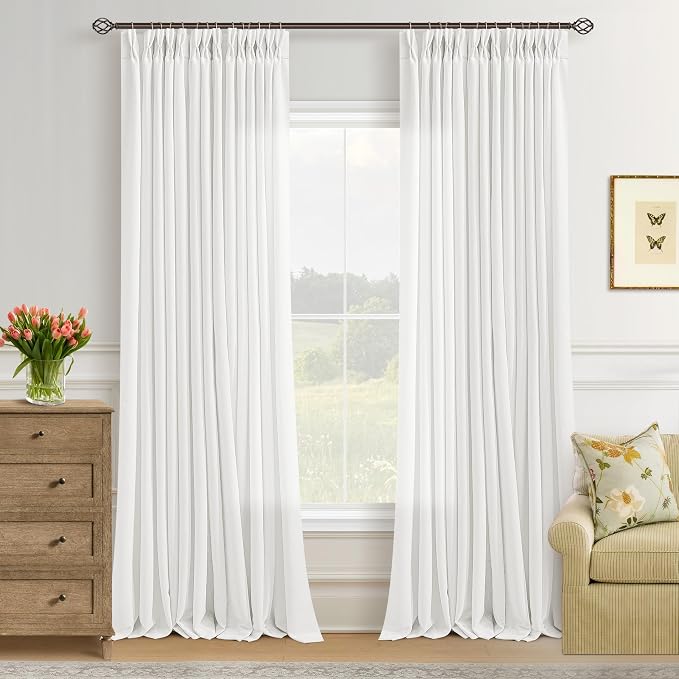 Off White Pinch Pleated Semi Sheer Linen Curtains 102 Inch Length | Ivory, Floor To Ceiling, Light Filtering, Privacy, Bedroom, Living Room, Burlap Textured, Memory Shape, Hook Rings, Modern