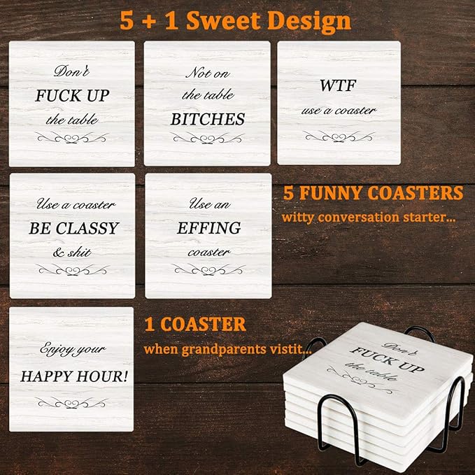 Funny Coasters for Drinks Absorbent with Holder, Coasters Set of 6 for Wooden Table Housewarming Gift New Home Apartment Kitchen House Decor Gift for Women Men