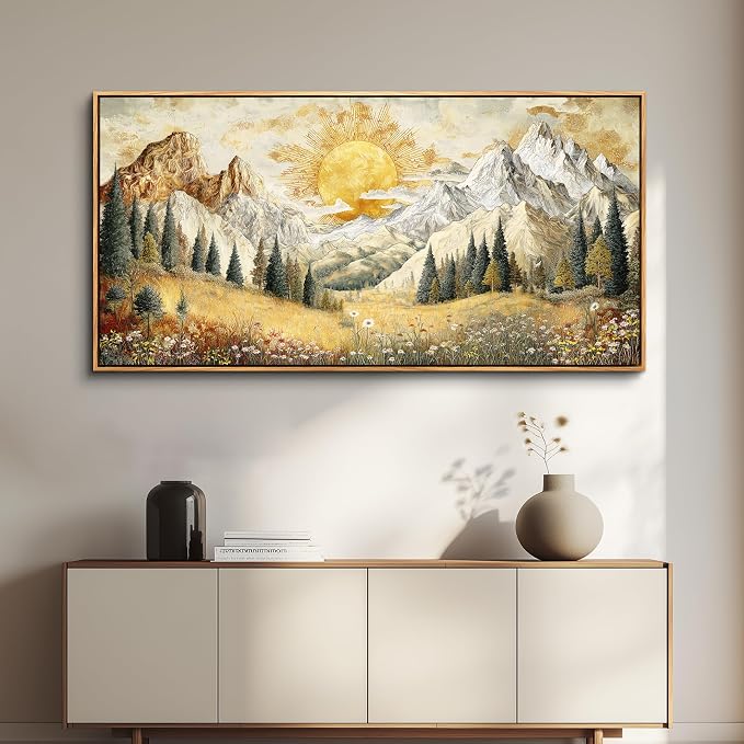 XIGUANGART Framed Large Canavs Wall Art,Mountain Wall Art,Wildflower Forest Art,Modern Farmhouse Decor,Living Room Pictures Paintings,Sunrise Artwork for Walls,Landscape Bedroom Office Decorations