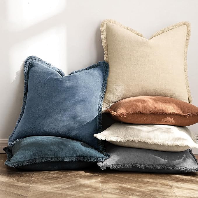 MIULEE Decorative Lumbar Throw Pillow Covers Neutral Linen Fringe Throw Pillows Set of 2 Blue Ashes Boho Farmhouse Cushion Covers for Couch Sofa Bed Living Room Spring Home Decor 12x20 Inch