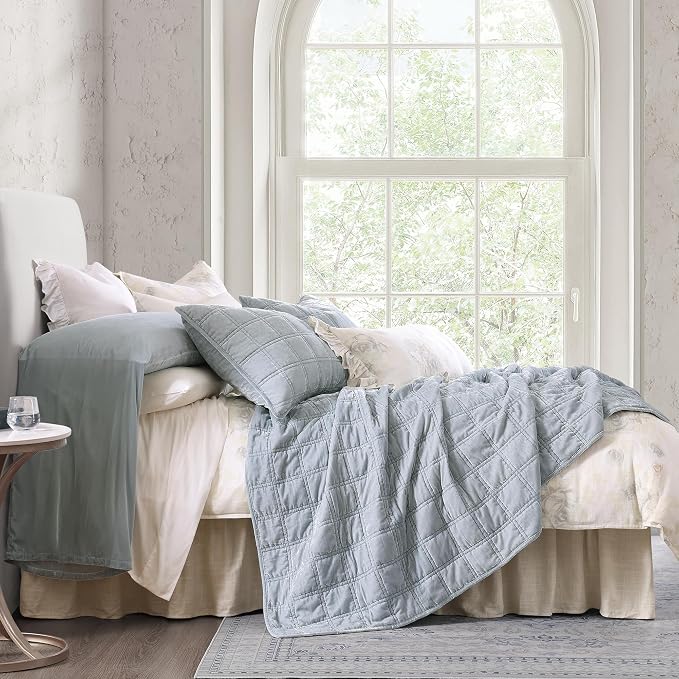 HiEnd Accent Stella Faux Silk Velvet Double Box Stitch 3 Piece Quilt Set, Full Queen Size, Light Blue Solid Color, Classic Chic Modern Rustic Elegant Bedding Set, Lightweight Bed Set