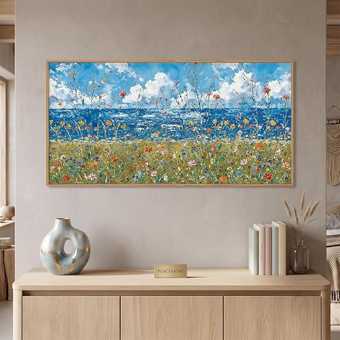 BICERE Large Blue Seaside Wildflower Framed Canvas Wall Art,Modern Nature Ocean Wall Decor,Rustic Sky Printing,White Cloud Landscape Artwork for Living Room,Bedroom,Dining Room-20"x40"x1