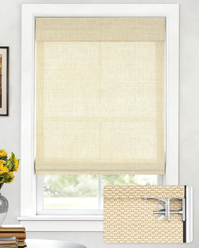 LazBlinds No Drill Cordless Bamboo Roman Shades, Light Filtering Blinds for Indoor Windows, Roll Up Bamboo Blinds for Home, 22" W x 48" H, Star-Beige