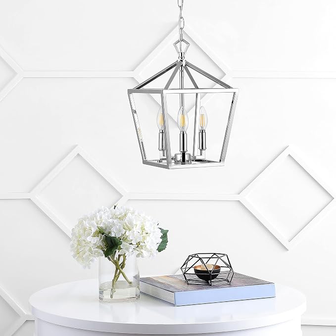 JONATHAN Y 10" Chrome 3-Light Pagoda LED Pendant Lantern, Classic Modern Farmhouse Chandelier for Kitchen Island, Dining Room, Entry, Foyer, Rustic Iron Frame (JYL7601C)