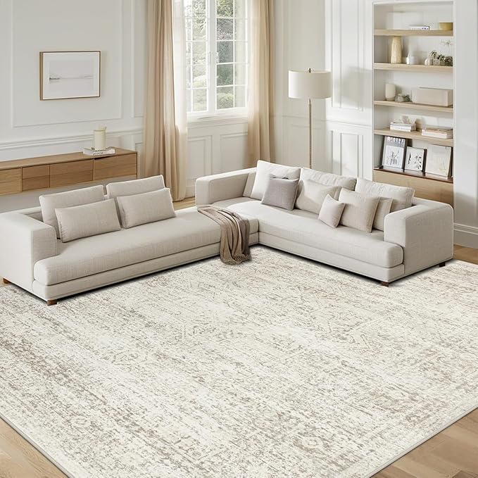 Srugn Washable Rugs 10x14 Area Rugs for Living Room,Rugs for Bedroom,Large Carpets,Ultra Soft Faux Wool Retro Dining Room Rug,Non Slip&Non-Shedding Low Pile Vintage Print Rug for Home Office Decor