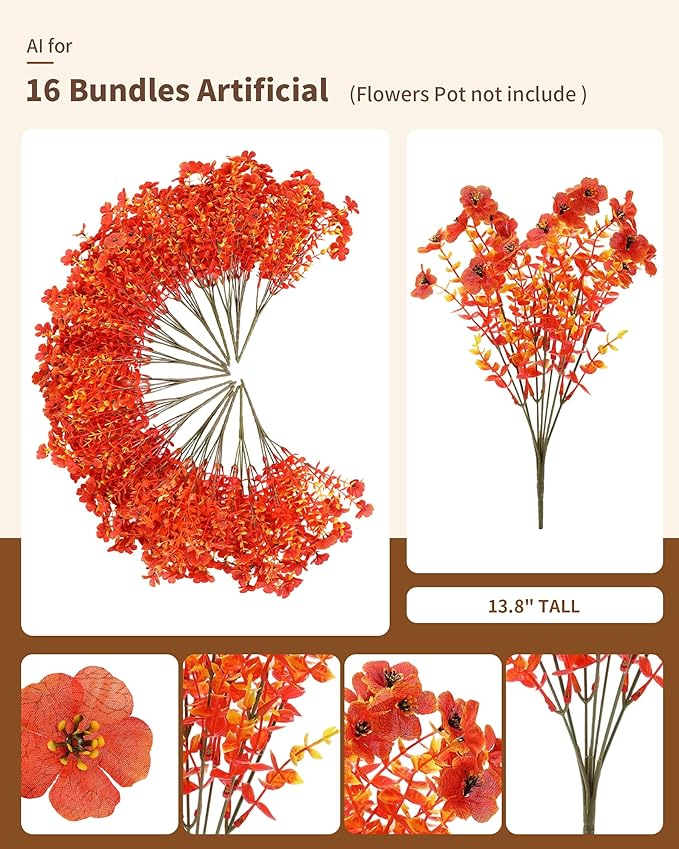 Artificial Fake Mums Flowers for Fall Outdoors Decor, 16 Bundles of Lifelike UV Resistant Orange Silk Daisies – Ideal for Porch, Garden, Yard, Planter, Halloween & Thanksgiving Autumn Decoration