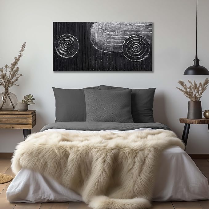 Abstract Oil Painting Wall Art Bedroom Black and Silver Canvas Wall Art for Living Room Circles Pictures Wall Decor for Kitchen Size 20 x 40 Inch