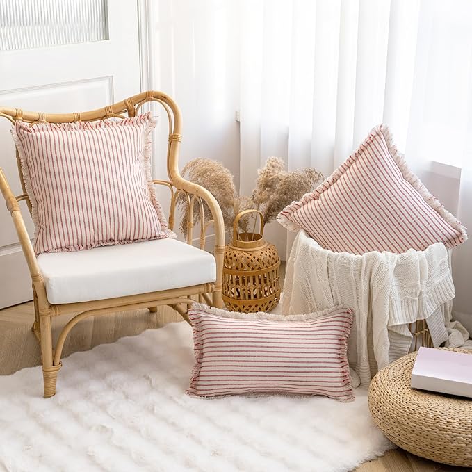 YEENAASY Throw Pillow Covers 16x16 Set of 2 Striped Fringe Pillow Cover Farmhouse Cushion Covers with Tassel Neutral Boho Pillows Decorative Square Pillowcase for Couch Sofa Bed, Red