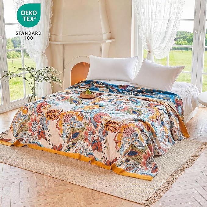 MSGKV Boho Throw Blanket 90"x108" Floral Cotton Blanket for Bed Summer Breathable Lightweight Farmhouse King Blankets Home Decor Muslin All Seasons