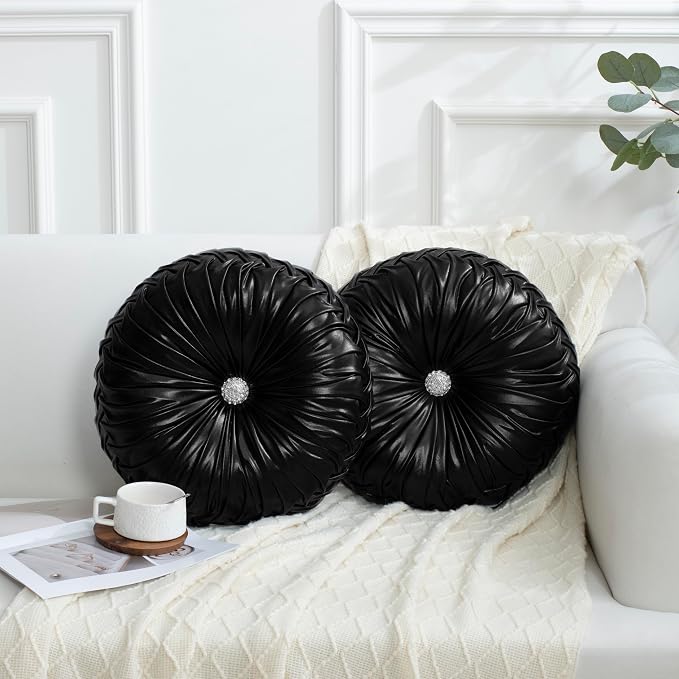 HIG Set of 2 Handcrafted Black Ruched Round Throw Pillows – 14.5’’ Metallic Leather Decorative Pillows with Soft Polyester Filling for Couch, Bed, Living Room, Bedroom, or Dorm